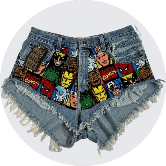 Coal N Terry Marvel Comic Print Frayed Hem Denim Shorts NWT - Picture 13 of 13